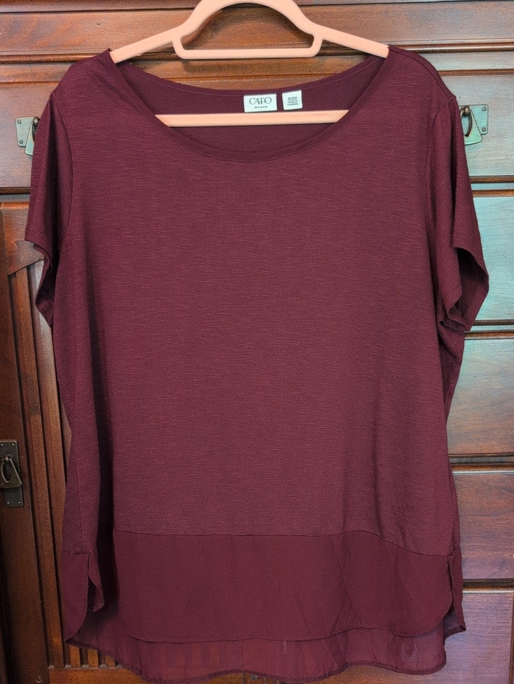 Cato Wine Short Sleeve Layered Hem Tee